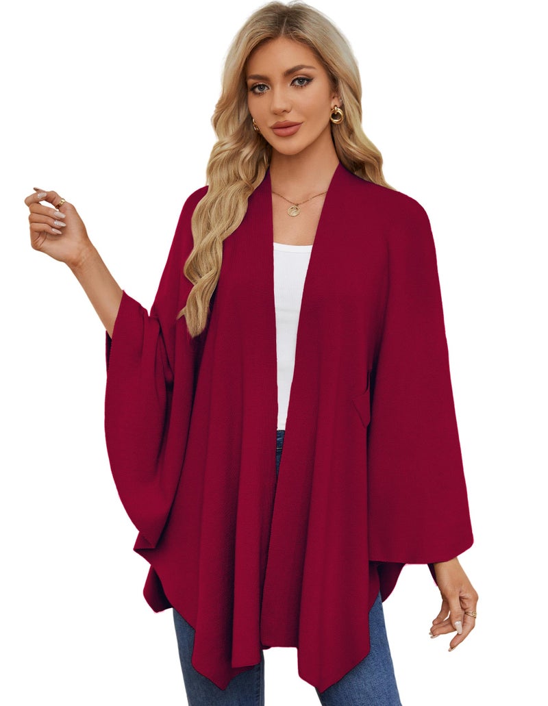 PULI Women's Elegant Shawl Wraps Soft Open Front Poncho Sweater for Spring Fall Winter Maroon - Image 3