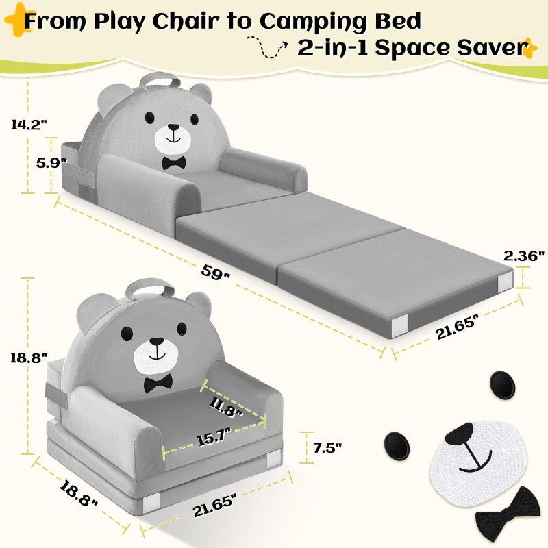 laapee Kids Sofa Bed with Removable Washable Cover & Magic-Tape Backrest â€“ Foldable Toddler Chair, Cozy Crystal Velvet Furniture for Playtime, Naps & Travel (Soft Grey, Bear Design) - Image 3