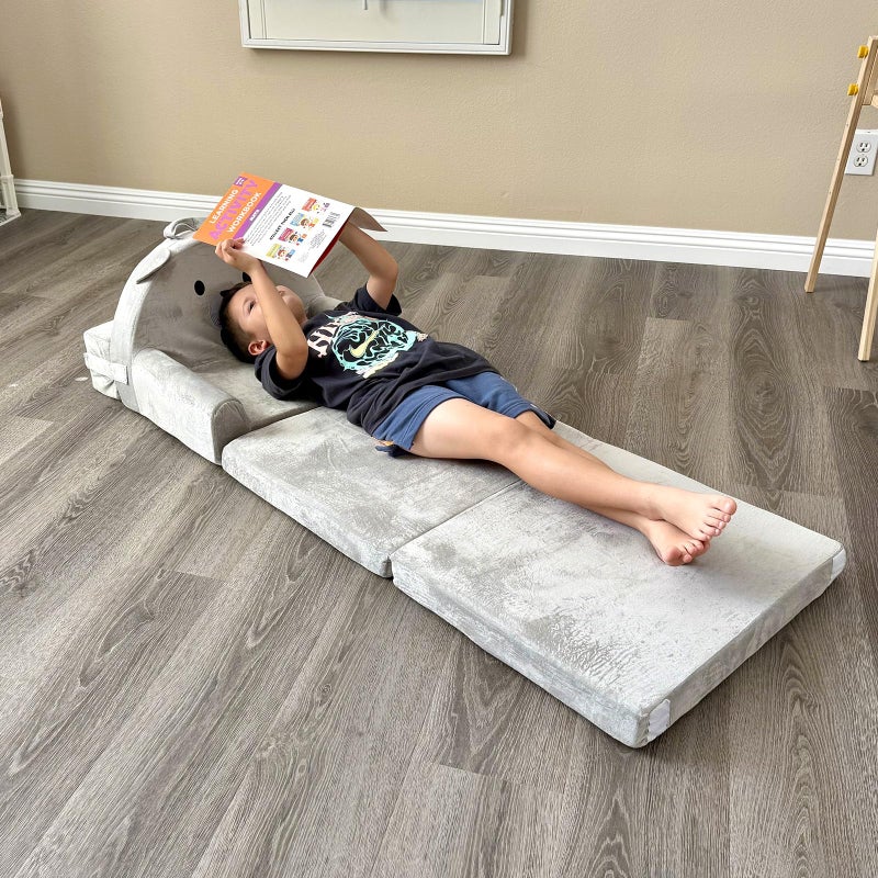 laapee Kids Sofa Bed with Removable Washable Cover & Magic-Tape Backrest â€“ Foldable Toddler Chair, Cozy Crystal Velvet Furniture for Playtime, Naps & Travel (Soft Grey, Bear Design) - Image 2