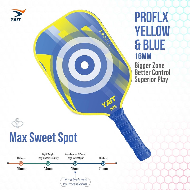YAIT Sports Proflx Pickle Ball Racket | 16 mm Fiberglass | Highly Dense 8 mm PP Honeycomb Core | AIPA Approved Pickleball Paddle of USAPA Standards - Yellow Blue | Pickle Ball Paddle Cover Included - Image 4