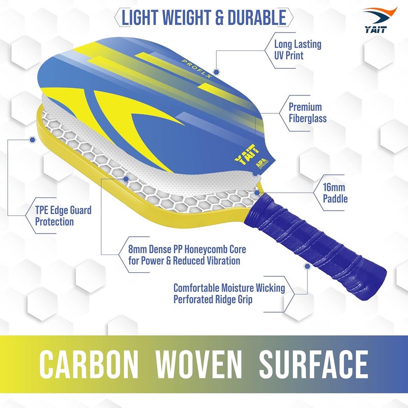 YAIT Sports Proflx Pickle Ball Racket | 16 mm Fiberglass | Highly Dense 8 mm PP Honeycomb Core | AIPA Approved Pickleball Paddle of USAPA Standards - Yellow Blue | Pickle Ball Paddle Cover Included - Image 3