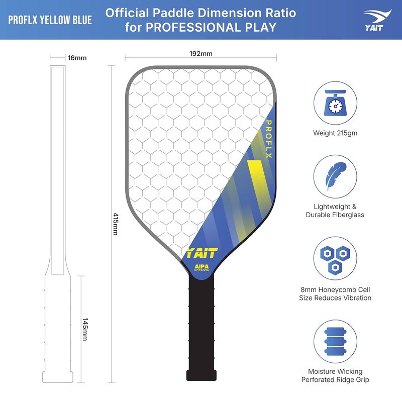 YAIT Sports Proflx Pickle Ball Racket | 16 mm Fiberglass | Highly Dense 8 mm PP Honeycomb Core | AIPA Approved Pickleball Paddle of USAPA Standards - Yellow Blue | Pickle Ball Paddle Cover Included - Image 5