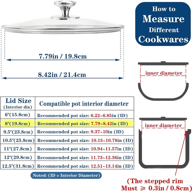 Bigwinyep 8 Inch Tempered Glass Lid for Replacement, Pot Cover for Pots and Pans, 6,8,9.5,10.5,11,12,12.5 Inch Universal Pan Lid for Pots Skillets - Image 2