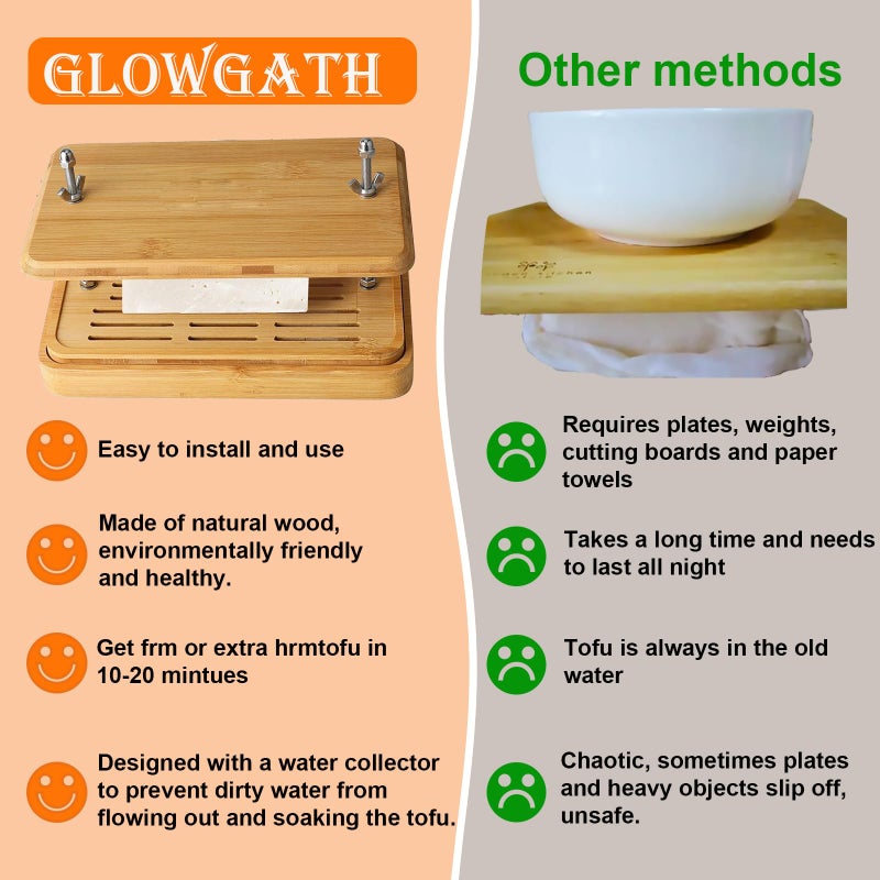 Glowgath ضغط التوفو، ضغط توفو كبير من الخيزران مع مصفاة توفو، صينية تصريف وقماش جبن، خالي من BPA، سهل التنظيف، يزيل الماء بسهولة من التوفو الناعم/الصلب/الصلب الإضافي، هدية رائعة لعشاق التوفو - Image 4