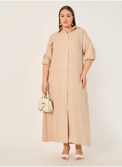 Styli Plus Size Roll-Up Sleeves Shirt Maxi Dress  - Image 1