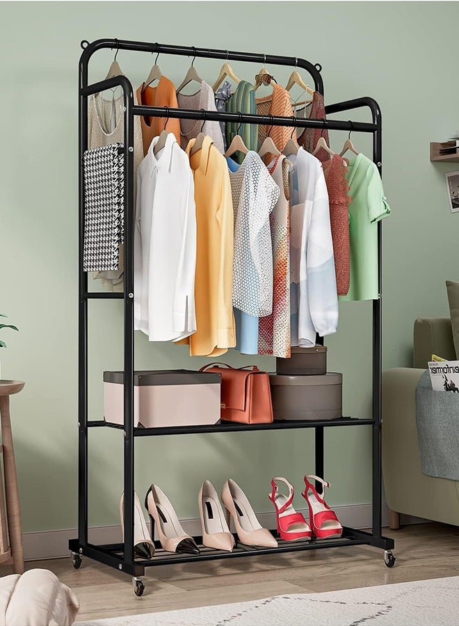 Solerconm Clothes Rail on Wheels, Clothing Rails Double Coat Racks Clothing Garment Rack Coat Rail with Top Rod Organizer Lower Storage Shelf, Black - Image 3
