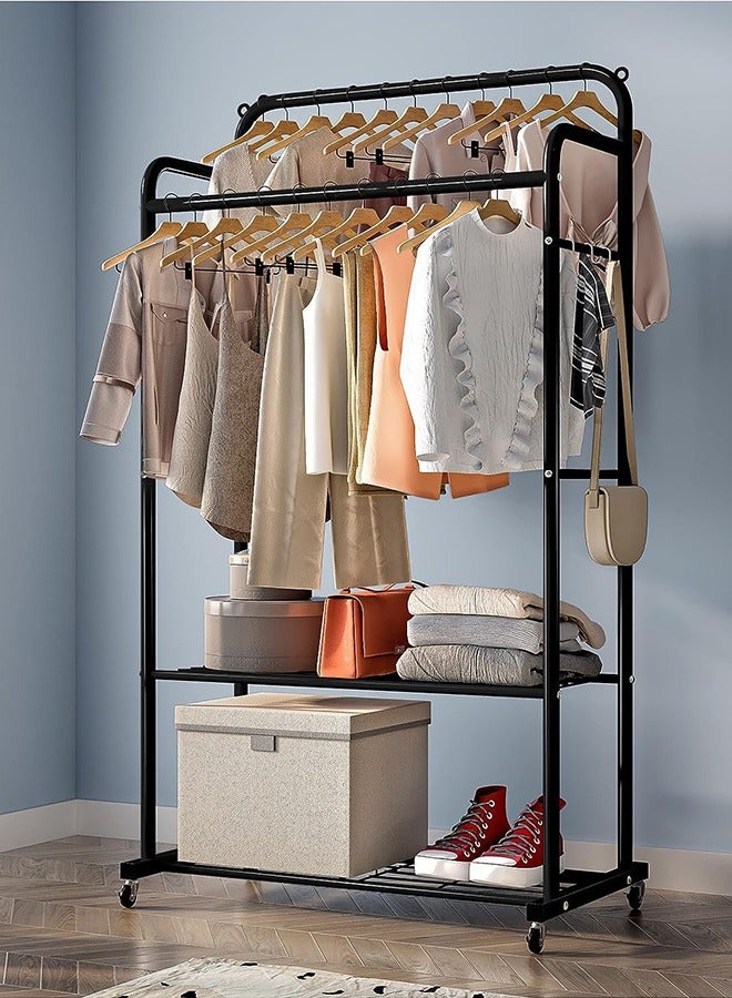 Solerconm Clothes Rail on Wheels, Clothing Rails Double Coat Racks Clothing Garment Rack Coat Rail with Top Rod Organizer Lower Storage Shelf, Black - Image 1