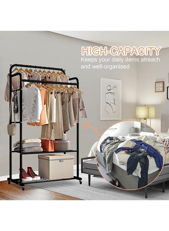 Solerconm Clothes Rail on Wheels, Clothing Rails Double Coat Racks Clothing Garment Rack Coat Rail with Top Rod Organizer Lower Storage Shelf, Black - Image 4