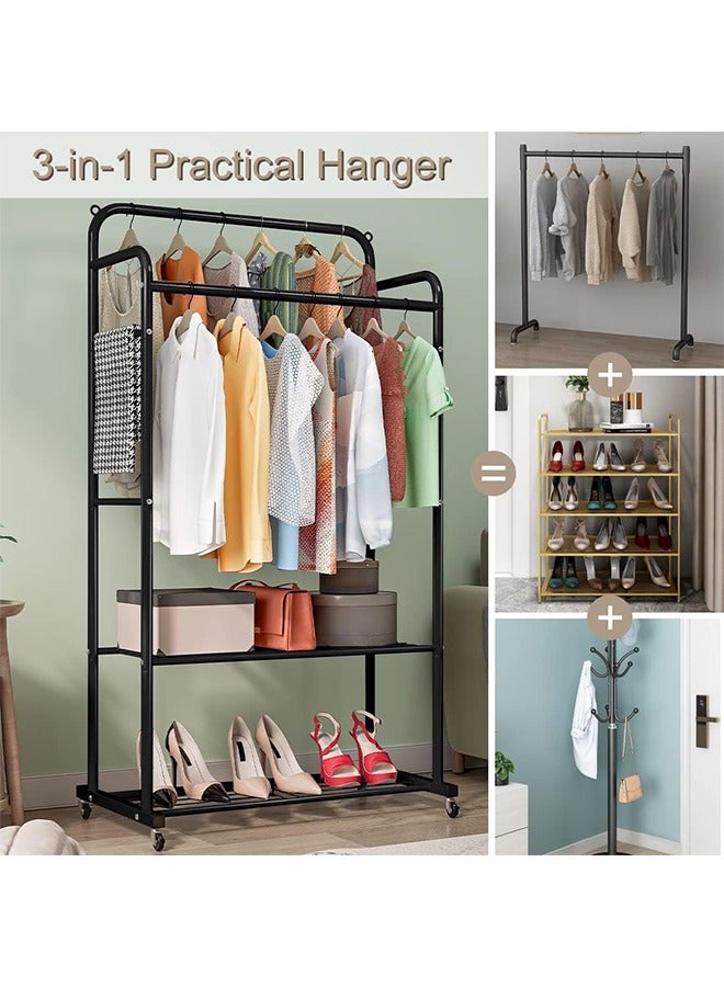 Solerconm Clothes Rail on Wheels, Clothing Rails Double Coat Racks Clothing Garment Rack Coat Rail with Top Rod Organizer Lower Storage Shelf, Black - Image 5