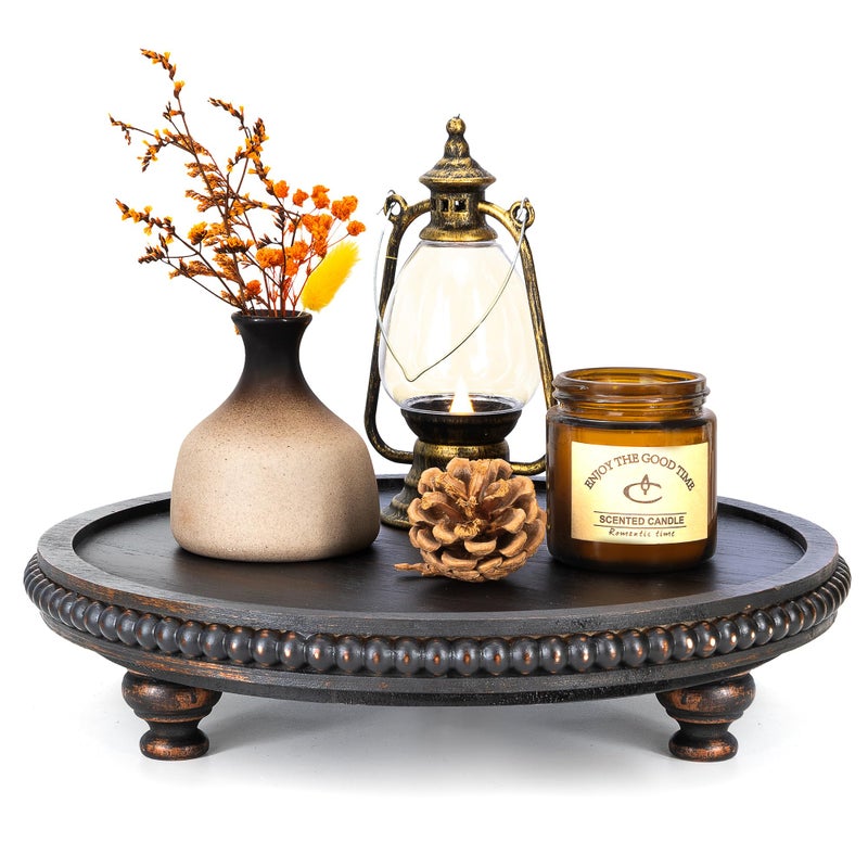 EOSAHR Rustic Round Pine Wooden Display Riser â€“ Beaded Pedestal Stand for Decor, Kitchen Counter Organizer, Coffee table & Cake Stand - Decorative Display Risers for Living Room Decor (Old Black) - Image 1