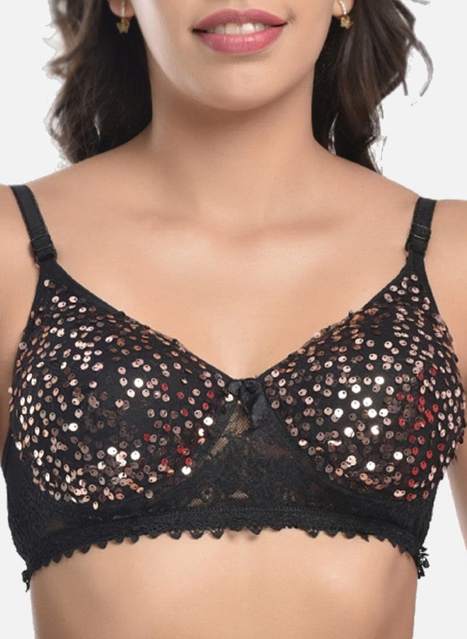 FIMS Black Lightly Padded Sequinned Cotton Bra - Image 5