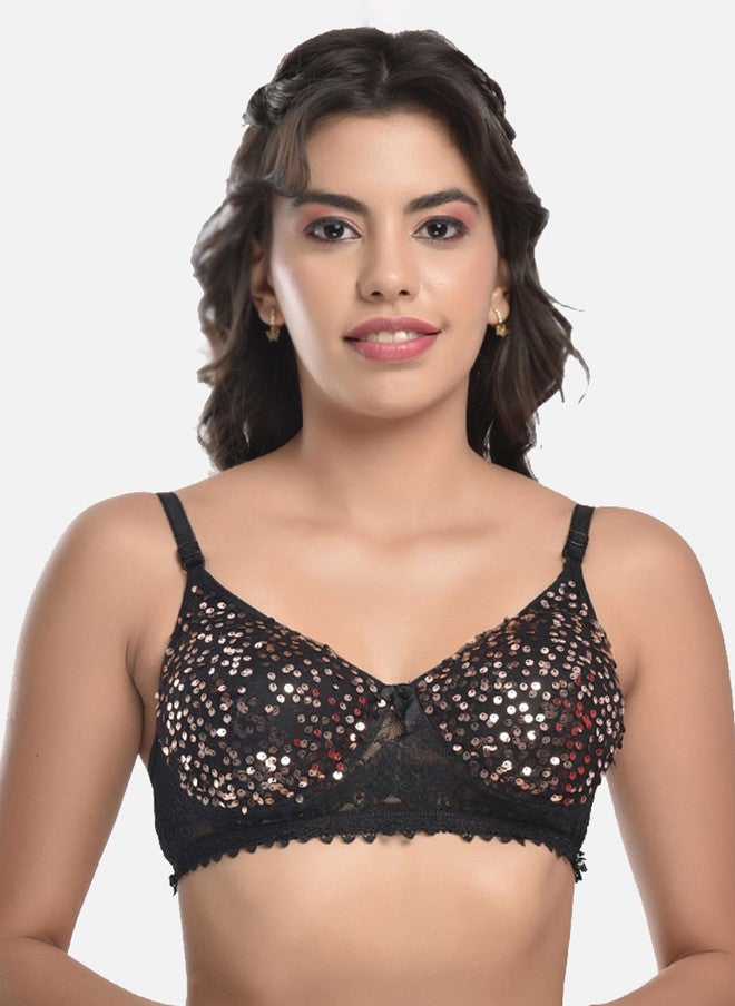 FIMS Black Lightly Padded Sequinned Cotton Bra - Image 1
