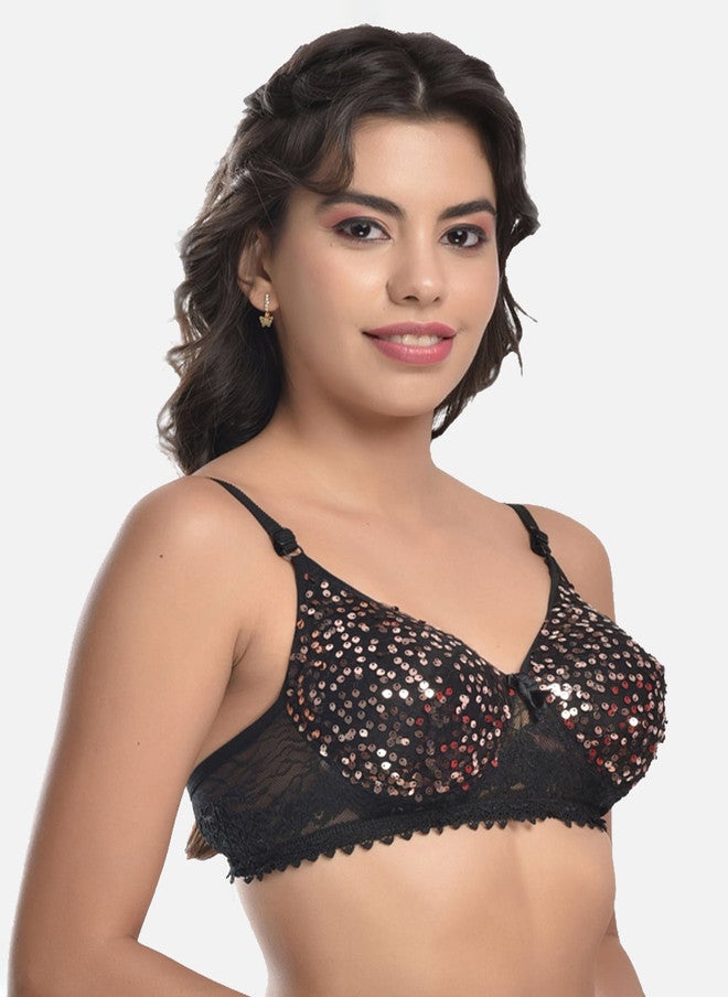 FIMS Black Lightly Padded Sequinned Cotton Bra - Image 2