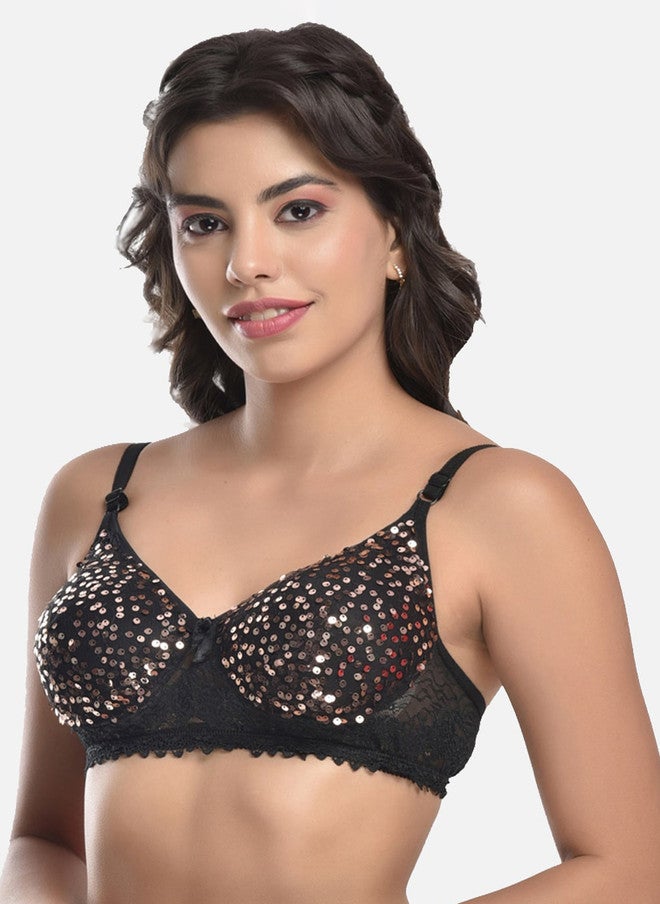 FIMS Black Lightly Padded Sequinned Cotton Bra - Image 3