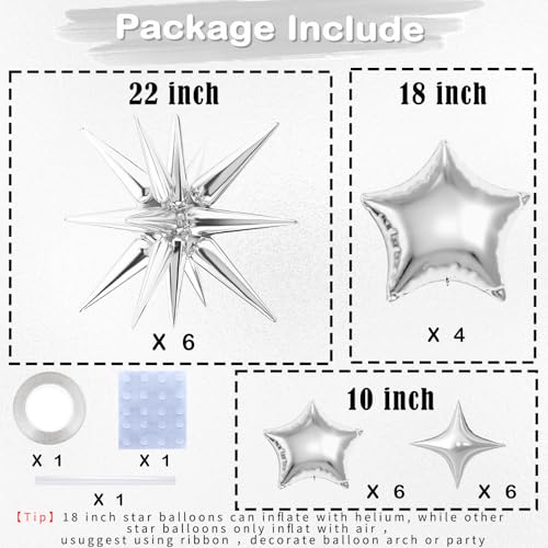 BZIDII 22 Pcs Silver Star Balloons221810 Inch Star Foil Mylar BalloonSpike Balloon and Four Pointed Balloons for Party Supplies Christmas Birthday Wedding Photo Booth Silver - Image 5