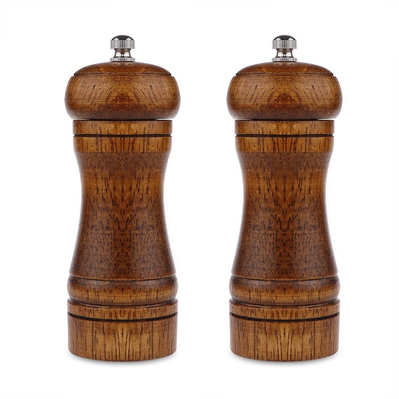 Pepper Mill 5 inch Pepper Grinder Pepper Grinder Refillable Oak Salt and Pepper Grinder Set Sea Salt Grinder Ceramic Pepper Mill Grinder Adjustable Coarse to Fine pepper Grinder Mill 2Pack