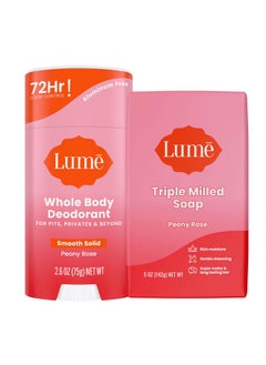 Lume Whole Body Deodorant And Soap 2.6 Ounce Smooth Solid Stick With 72 Hour Odor Control And 5 Ounce Triple Milled Soap Aluminum Free Baking Soda Free And Skin Loving (Peony Rose)  - Image 1
