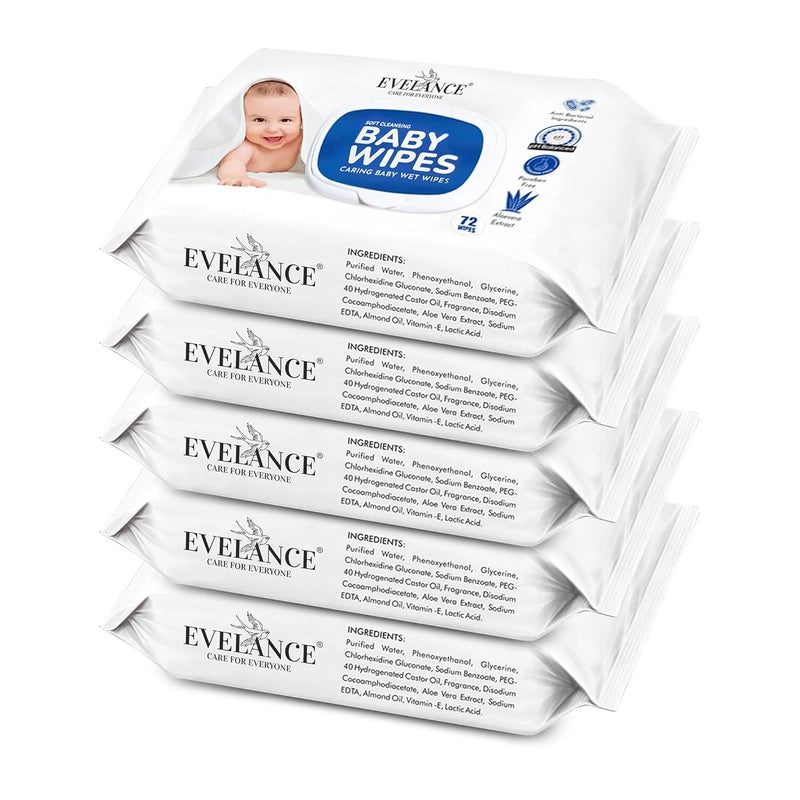 EVELANCE Soft Cleansing Baby Wipes with Lid | 72 Wipes x 5-360 Wipes | Extra Thick & Moist Wet Wipes for Baby's | Prevents Rashes & Redness with Goodness of Aloe Vera Vitamin E | pH Balanced - Image 1