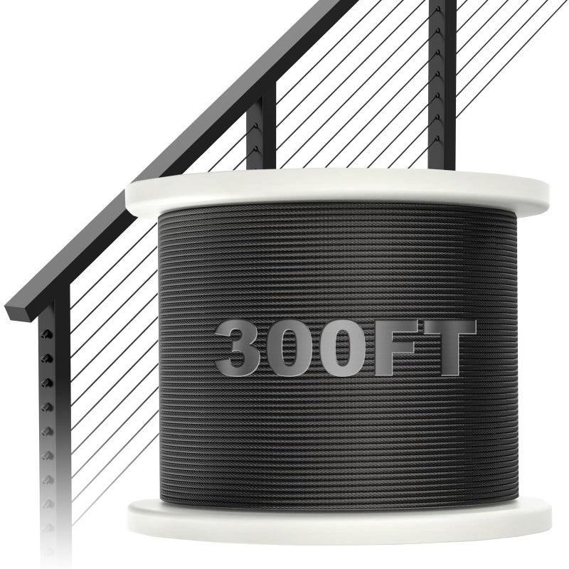 BLIKA 300FT 18 Black Stainless Steel Cable T316 Marine Grade Stainless Steel Wire Rope 7x7 Strand Construction 1850lbs Breaking Strength Aircraft Cable for Deck Cable Railing DIY Balustrades