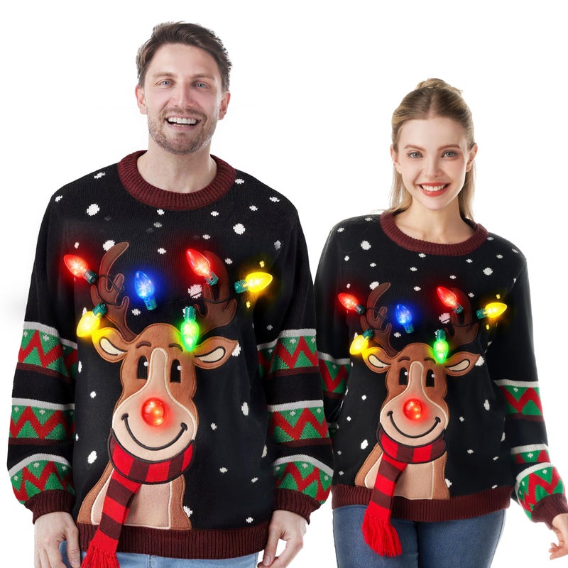 JOYIN Ugly Christmas Sweater Women Men Couples, LED Light Up Ugly Christmas Sweater Kids 2025 Reindeer(Black - Image 1