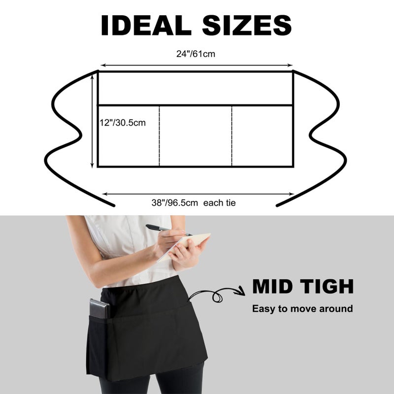 PLOYMONO Server Apron with 3 Pockets, 1 Pack Short Waist Apron for Waitress Waiter, Restaurant Servers, Bartenders, Hosts (24â€L x 12â€W) Black - Image 4