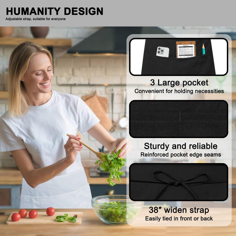 PLOYMONO Server Apron with 3 Pockets, 1 Pack Short Waist Apron for Waitress Waiter, Restaurant Servers, Bartenders, Hosts (24â€L x 12â€W) Black - Image 2