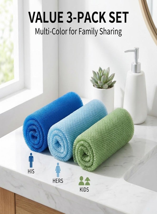 Rhostry Exfoliating Shower Towel for Shower, Body Scrubber, Exfoliating Cloth for Back, Deep Cleansing, Quick Dry, 31.5 Inch Long, 3 Pack, Mesh Material (Blue/Light Blue/Green) - Image 3