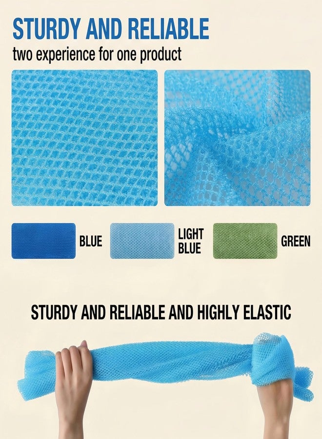 Rhostry Exfoliating Shower Towel for Shower, Body Scrubber, Exfoliating Cloth for Back, Deep Cleansing, Quick Dry, 31.5 Inch Long, 3 Pack, Mesh Material (Blue/Light Blue/Green) - Image 2