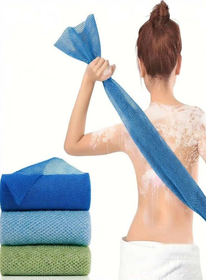 Rhostry Exfoliating Shower Towel for Shower, Body Scrubber, Exfoliating Cloth for Back, Deep Cleansing, Quick Dry, 31.5 Inch Long, 3 Pack, Mesh Material (Blue/Light Blue/Green) - Image 1
