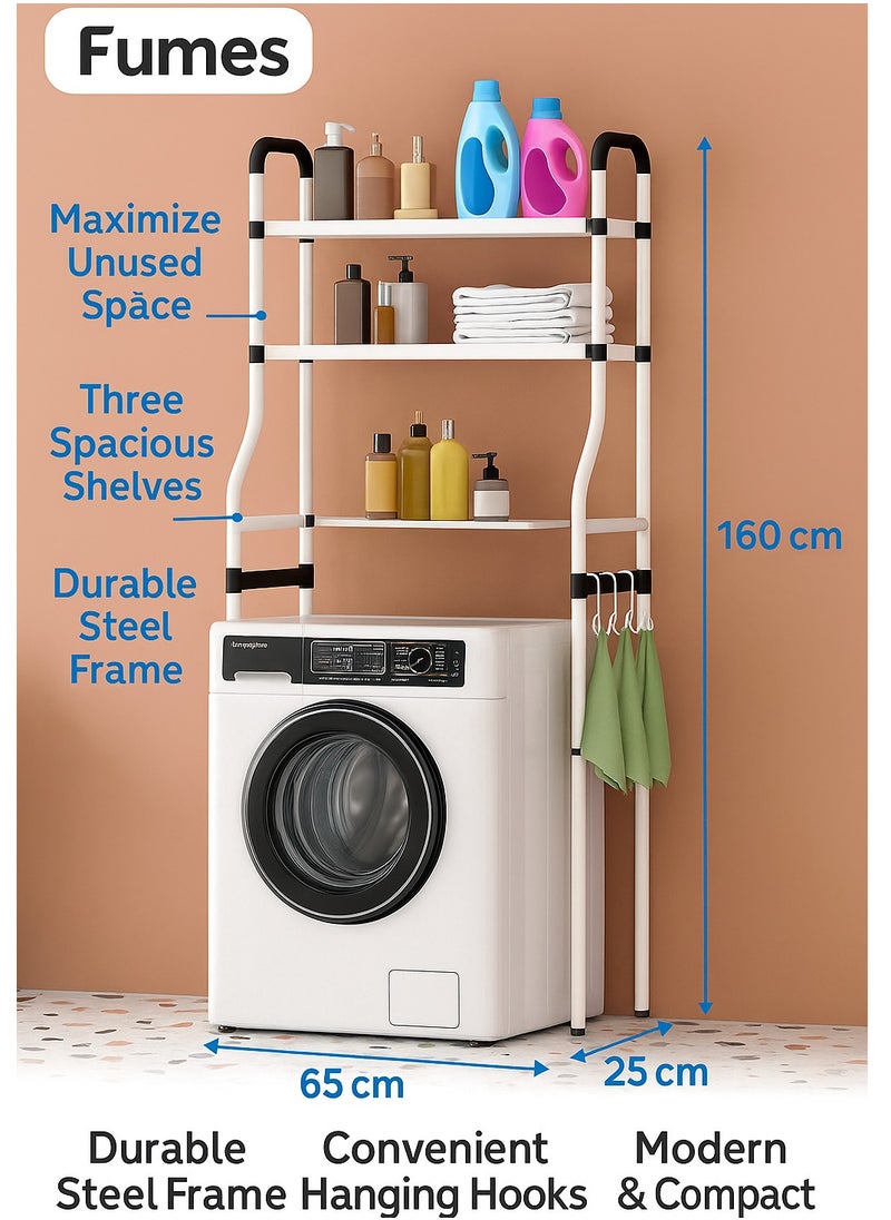 FUMES 3-Tier Washing Machine and Bathroom Organizer with Hanging Hooks for Laundry & Toiletries  - Image 2