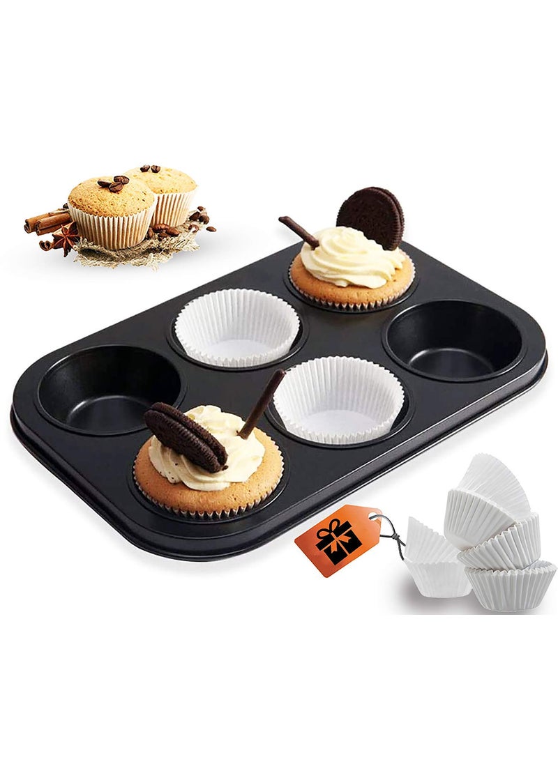 BAKING SET Baking Set Muffin Cup Cake Tray with 100 pcs Muffin Liners for Baking in Microwave Oven 6 Cavity Grid Mould Non Stick Bakeware Cake Easy to Clean  - Image 3