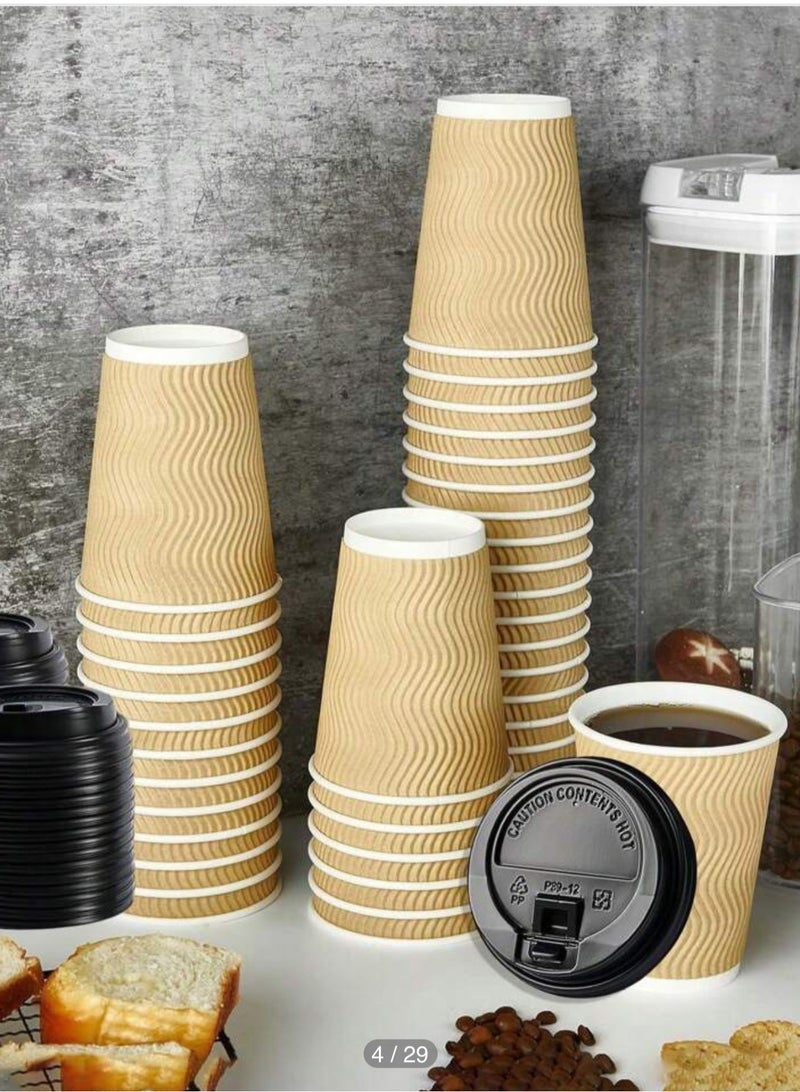 MahMir® 12 OZ .Pack Of 50 Brown Disposable Ripple Insulated Coffee Cups with LID - Eco-Friendly Disposable Cups - Hot Beverage Corrugated Paper Cups - Sleeve Ripple Wall Paper Coffee Cups for Drink - Tea Cup Set of 50 Pack (50 cups + 50 LID) - Image 2