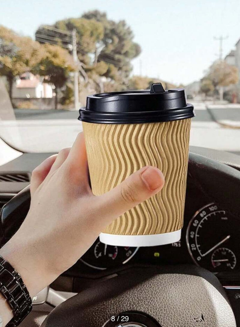 MahMir® 12 OZ .Pack Of 50 Brown Disposable Ripple Insulated Coffee Cups with LID - Eco-Friendly Disposable Cups - Hot Beverage Corrugated Paper Cups - Sleeve Ripple Wall Paper Coffee Cups for Drink - Tea Cup Set of 50 Pack (50 cups + 50 LID) - Image 5