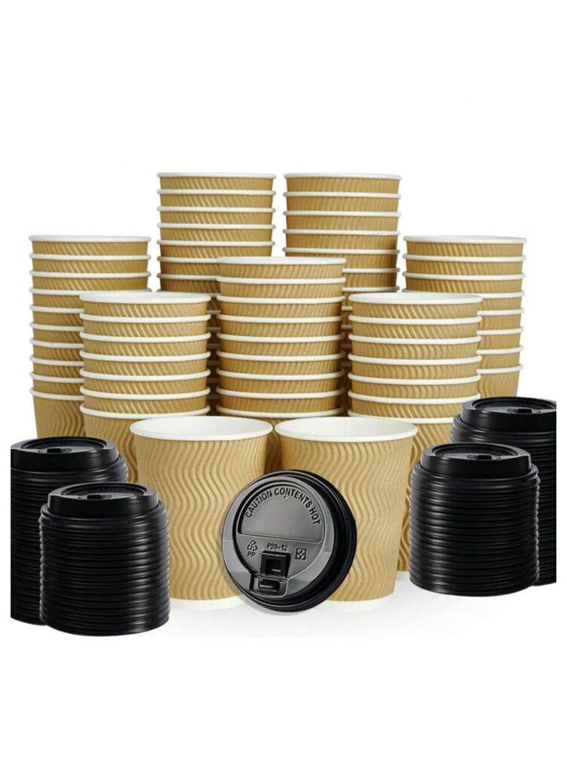 MahMir® 12 OZ .Pack Of 50 Brown Disposable Ripple Insulated Coffee Cups with LID - Eco-Friendly Disposable Cups - Hot Beverage Corrugated Paper Cups - Sleeve Ripple Wall Paper Coffee Cups for Drink - Tea Cup Set of 50 Pack (50 cups + 50 LID) - Image 1