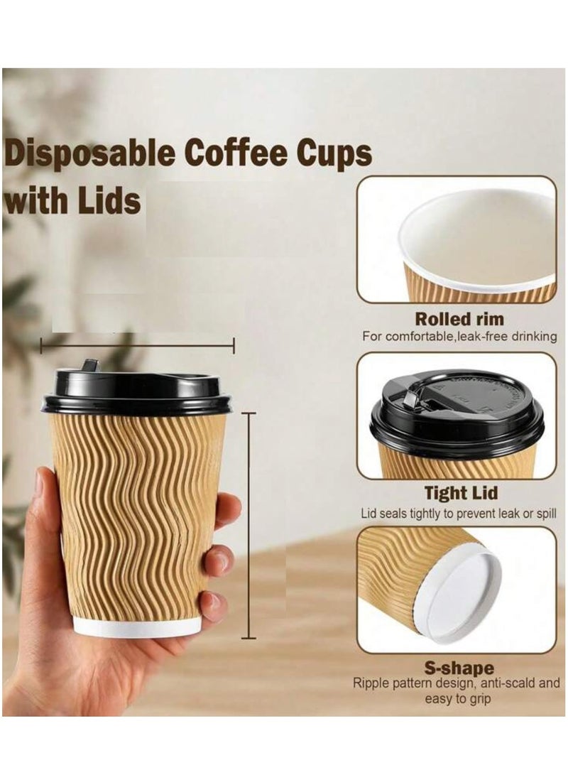 MahMir® 12 OZ .Pack Of 50 Brown Disposable Ripple Insulated Coffee Cups with LID - Eco-Friendly Disposable Cups - Hot Beverage Corrugated Paper Cups - Sleeve Ripple Wall Paper Coffee Cups for Drink - Tea Cup Set of 50 Pack (50 cups + 50 LID) - Image 4