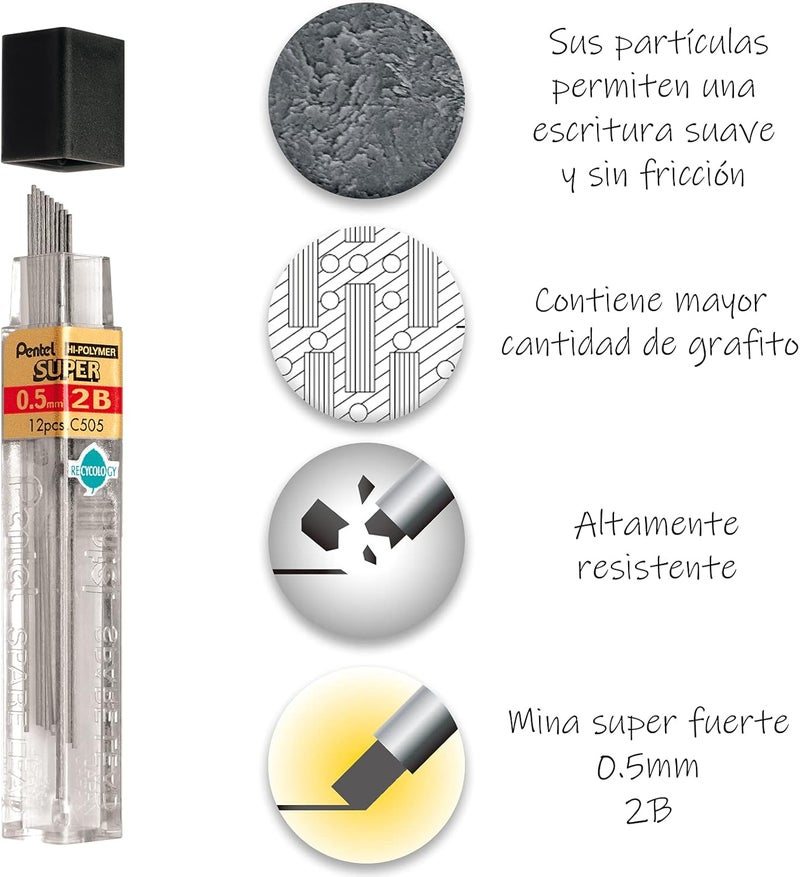Pentel Super Hi-Polymer Lead Refill, 0.5mm, Fine, HB, 144 Pieces of Lead (C505-HB), Black, 12/Leads - Image 2