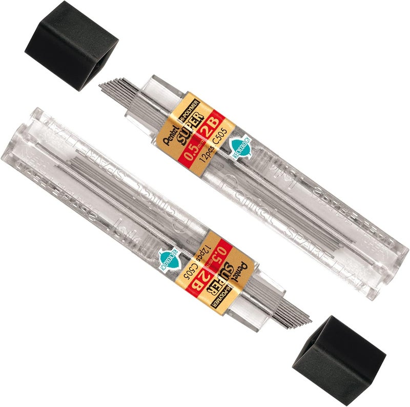 Pentel Super Hi-Polymer Lead Refill, 0.5mm, Fine, HB, 144 Pieces of Lead (C505-HB), Black, 12/Leads - Image 1