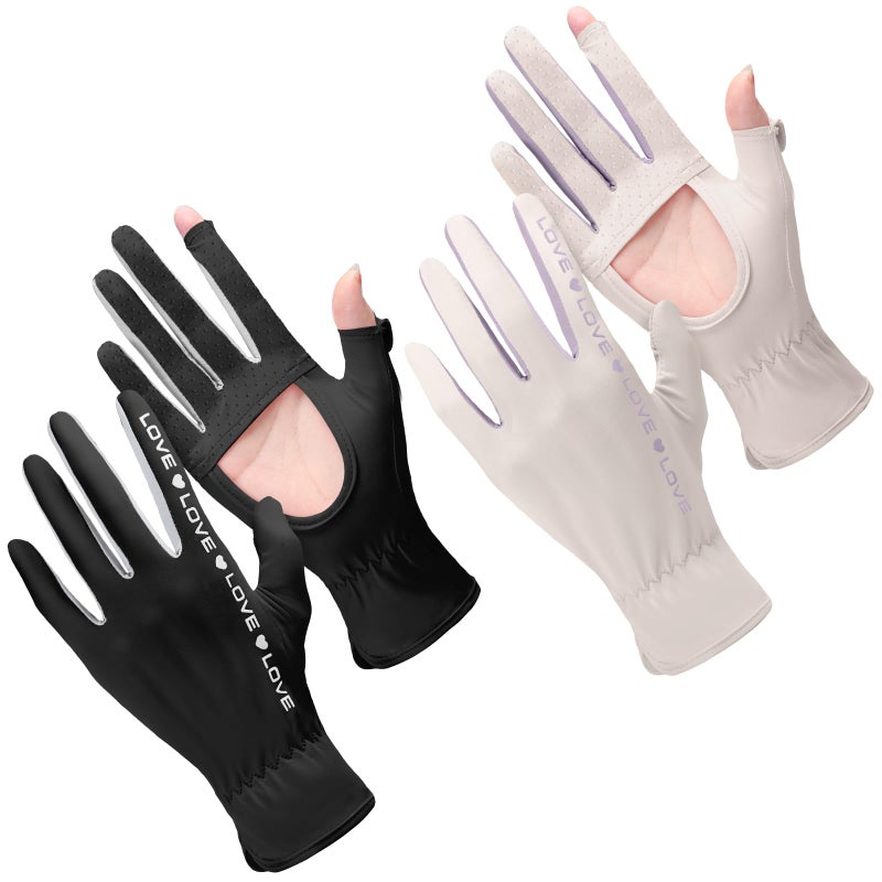 Hercicy 2 Pairs Sun Gloves for Women UV Protection Summer Driving Gloves Full Finger Touchscreen Non Slip Gloves(Beige, Black) - Image 1