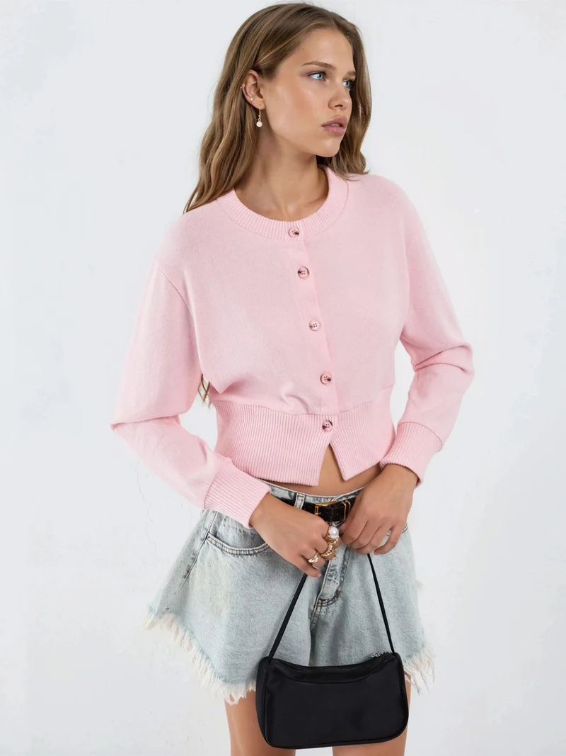 Busem BUSEM Casual Crew Neck Buttoned Crop Jacket
