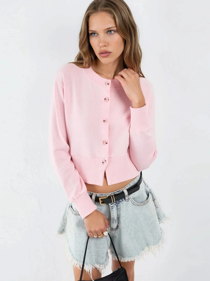 Busem BUSEM Casual Crew Neck Buttoned Crop Jacket