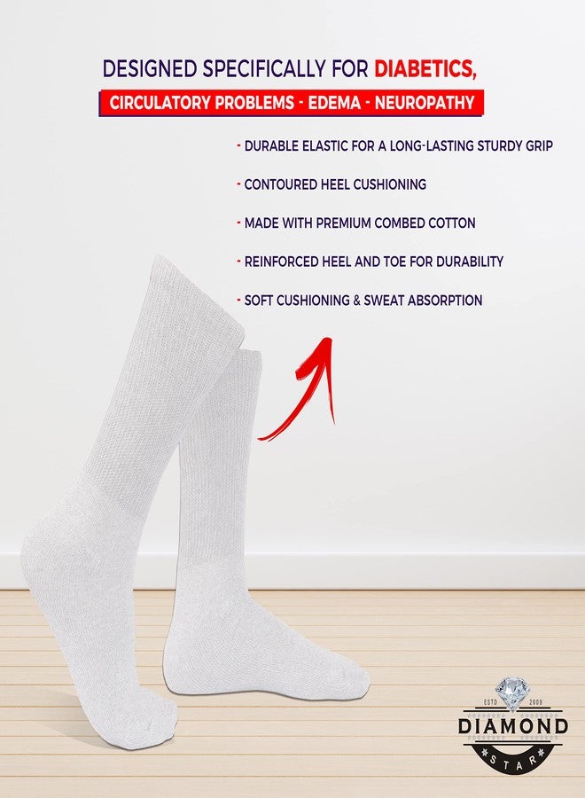 Diamond Star Diabetic Socks, Non-Binding Circulatory Cushion Cotton Crew Diabetic Socks for Men Women 10-13 (3 Pairs White) - Image 4