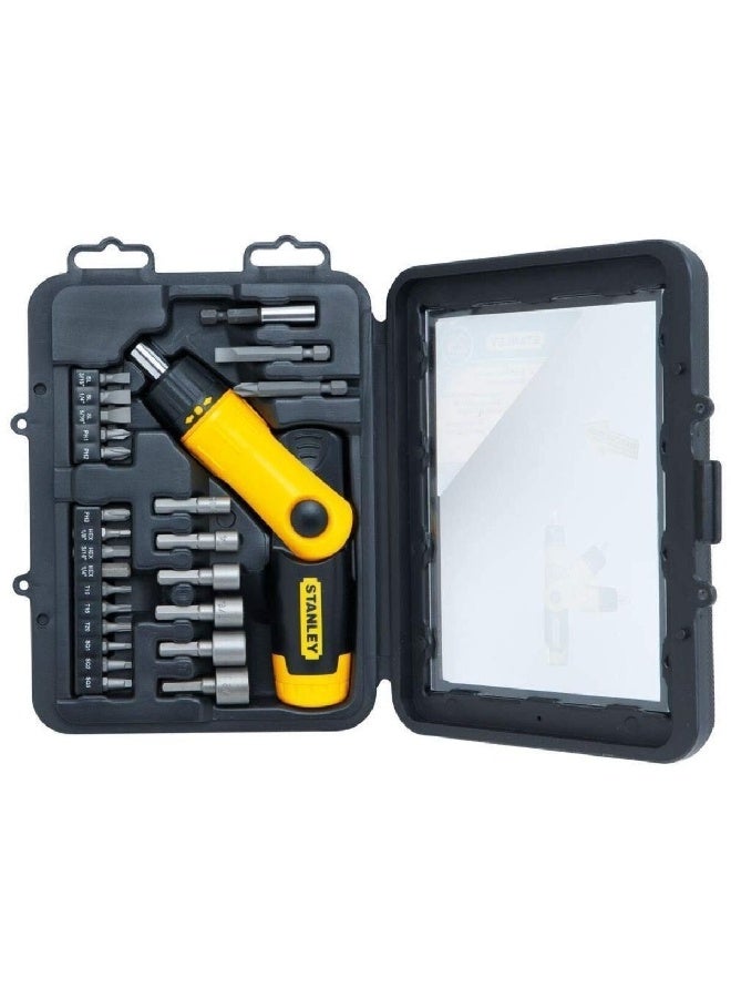 Stanley 25-Piece Pistol Grip Ratchet Screwdriver Set Yellow and Black 5.5 x 16.7 x 21.5 cm 0-63-022 - Image 4