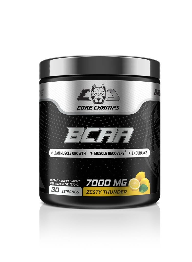 كور تشامبس مسحوق الأحماض الأمينية المتشعبة الأساسية Core Champs BCAA بتركيز 7000 ملغ، 30 حصة، بنكهة الرعد الزكي