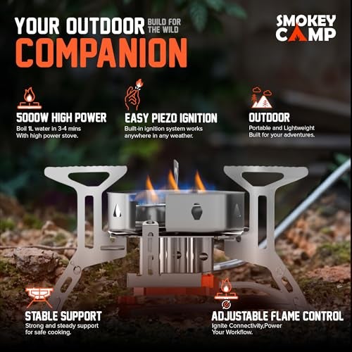 Smokey Camp 5000W Camping Stove, Backpacking Windproof Camp Stove with Piezo Ignition Carrying Case and 2 Additional Adapters, Compatable with Isobutane, Propane, Butane Tanks, Portable and Collapsible - Image 5