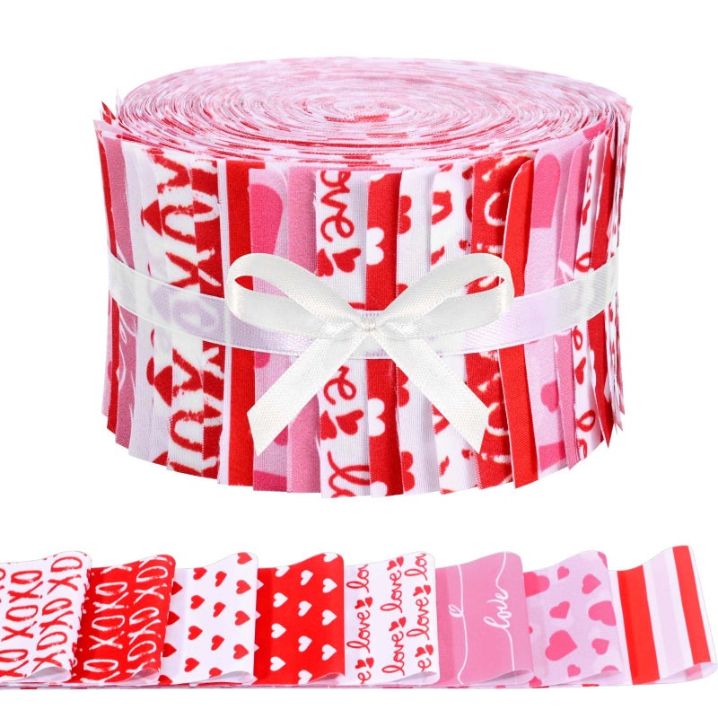 Bolsome 40 Pcs Valentine's Day Cotton Fabric Strips Red Pink White Love Hearts Stripes Fabric Bundles Romantic Strips for Quilting Crafting Precut Patchwork for Gift Sewing DIY Crafts - Image 1