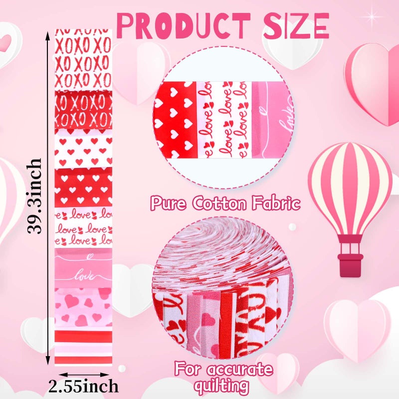 Bolsome 40 Pcs Valentine's Day Cotton Fabric Strips Red Pink White Love Hearts Stripes Fabric Bundles Romantic Strips for Quilting Crafting Precut Patchwork for Gift Sewing DIY Crafts - Image 2