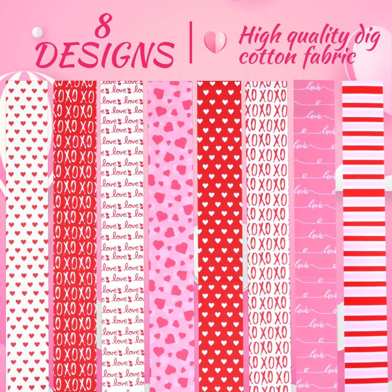 Bolsome 40 Pcs Valentine's Day Cotton Fabric Strips Red Pink White Love Hearts Stripes Fabric Bundles Romantic Strips for Quilting Crafting Precut Patchwork for Gift Sewing DIY Crafts - Image 4