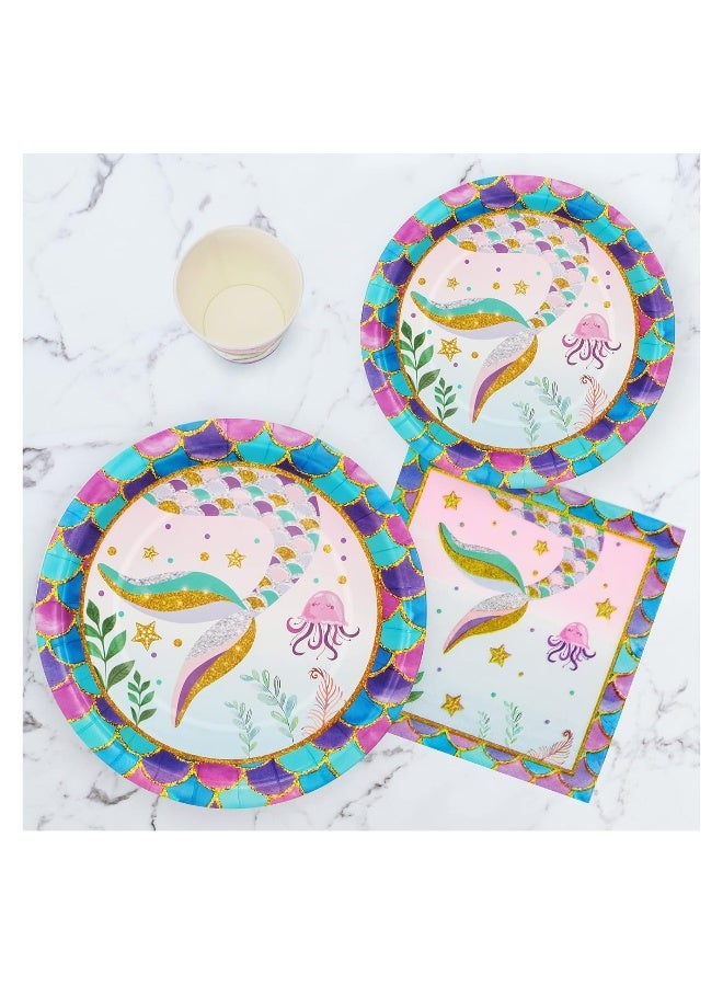 73Hours Mermaid Theme Party Supplies, Mermaid Disposable Paper Plates Napkins Cups, Mermaid Decor for Girls Birthday Party, Mermaid Birthday Party Tableware Set for Girls Birthday Party (55PCS) - Image 2