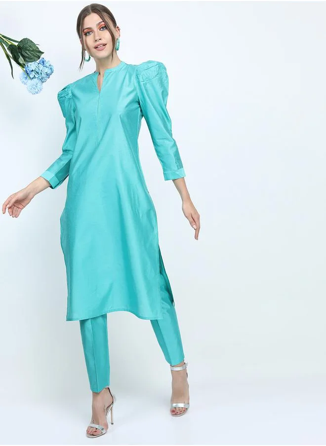 Vishudh Side Slit Detail Puff Sleeves Kurta & Trousers Set