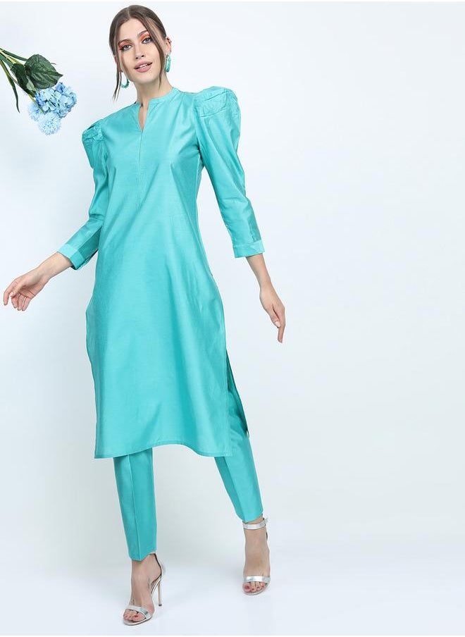 Vishudh Side Slit Detail Puff Sleeves Kurta & Trousers Set by Styli  - Image 1